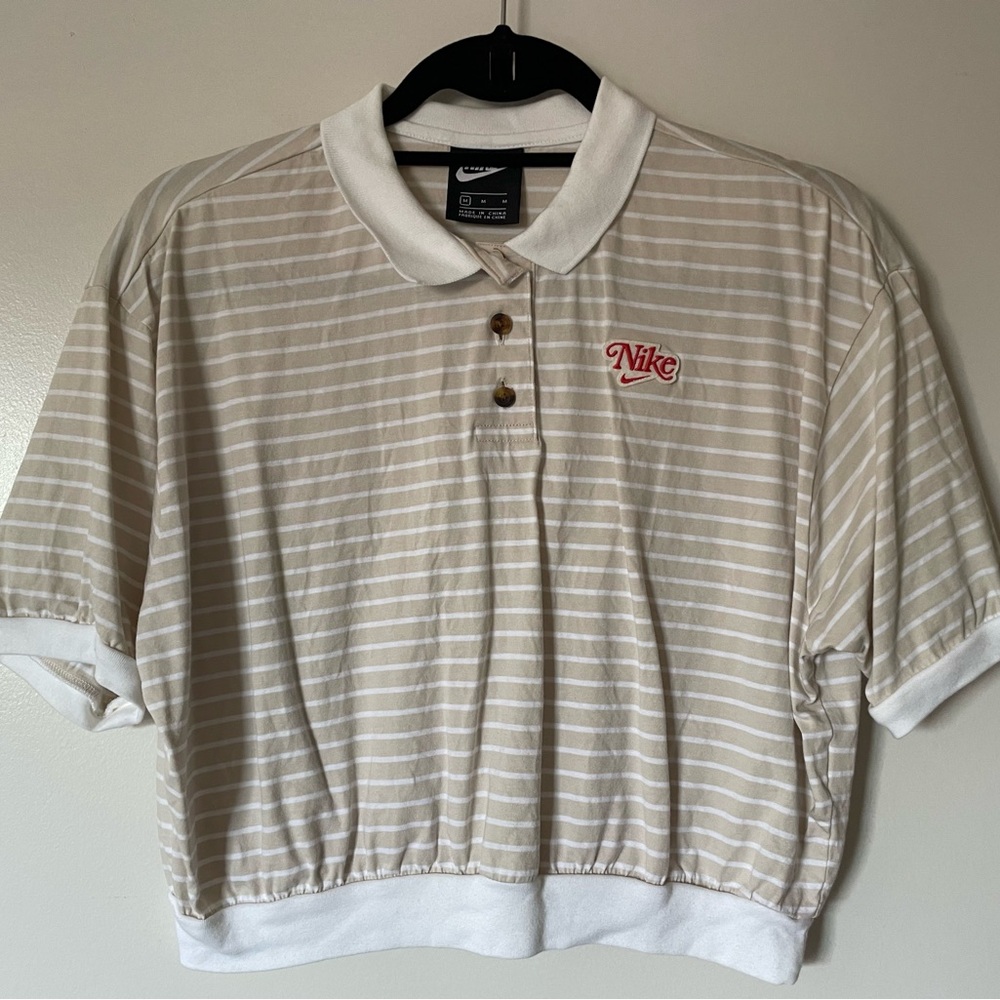 Like New Nike Women’s Cropped Polo Shirt In Beige & White Stripes (Medium)
